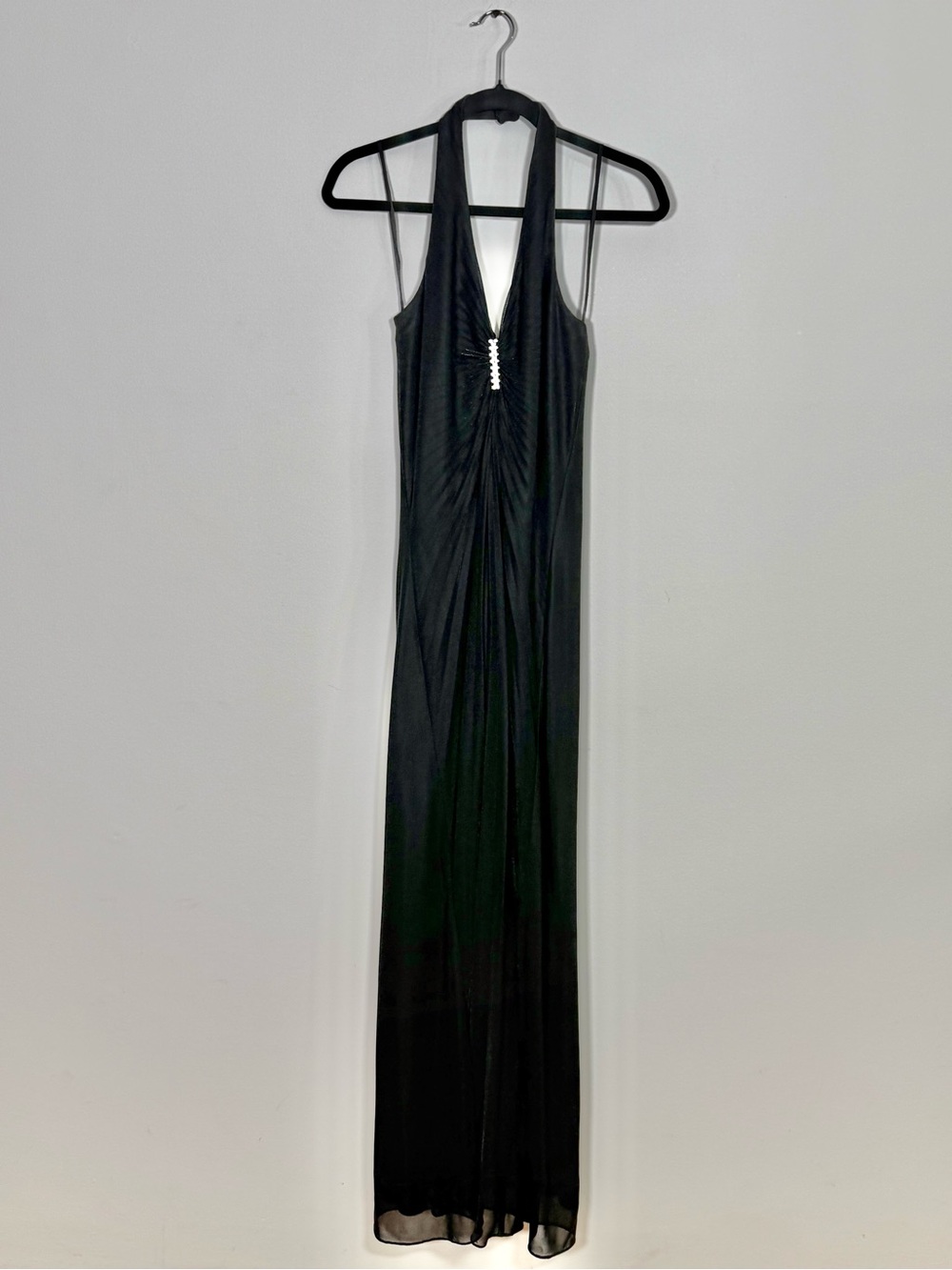 VTG Y2K Caché Shimmer Black Halter Evening Gown w/ Rhinestone Accent Size 8